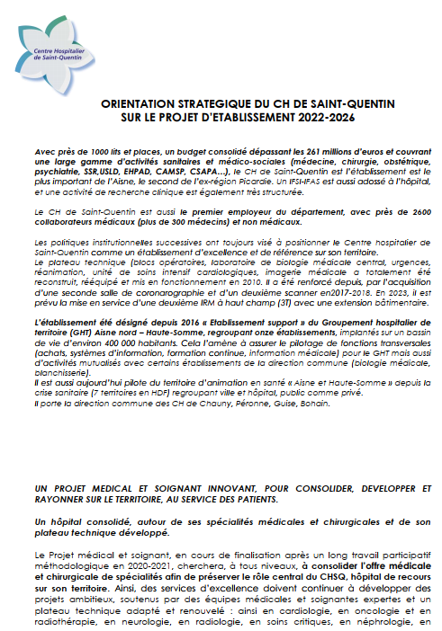 Orientation stratégique du CH de Saint-Quentin sur le projet d'établissement 2022-2026