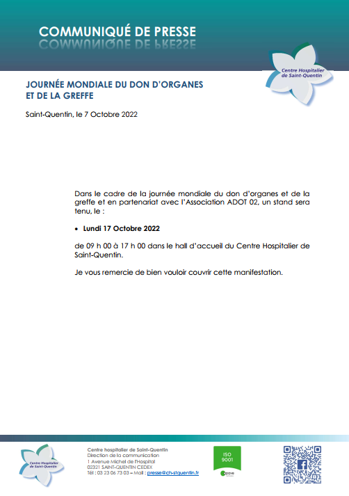 Journée mondiale du don d'organes et de la greffe au sein du Centre Hospitalier de Saint-Quentin
